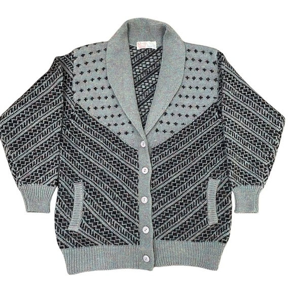 Cheung Kee Vintage 100% Wool Knit Cardigan in Gray & Black - Picture 3 of 9
